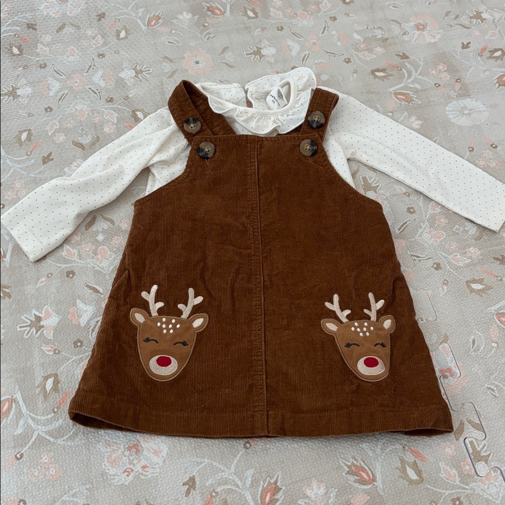 Holiday Corduroy Dress Reindeer Christmas - 2 piece set  Staring Out Size 12 m